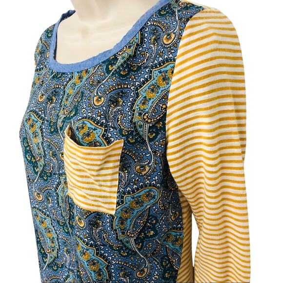 Y2k Anthropologie Postage Stamp Mix Media Popover Top Yellow Blue Paisley Print - Picture 5 of 16